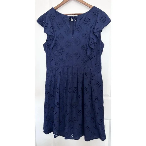 Chris McLaughlin Womens Dress Size 20 W Navy Cotton Eyelet Ruffle Pockets - Picture 4 of 10
